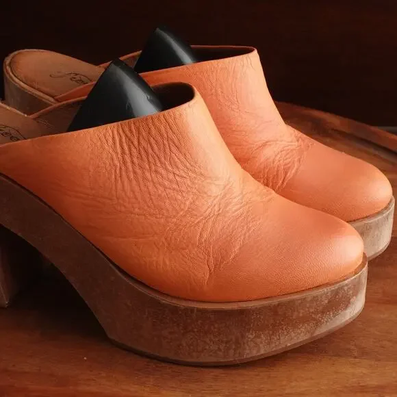 Free People Leather Platform Mules in Orange and Brown - Picture 6 of 14